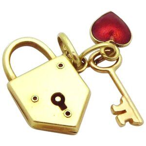 Rare Vintage 14K Gold Art Deco Enamel Key to My Heart Padlock Charm 1930s